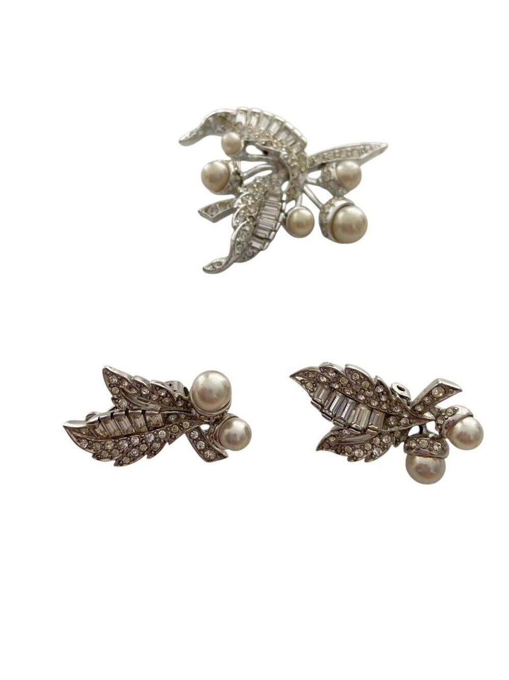 Boucher Faux Pearl Brooch & Clip Earrings Set Silver-Tone With Rhinestone Accent